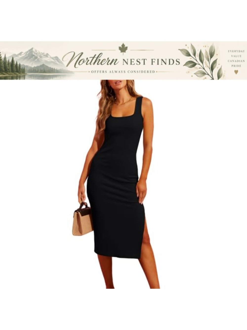 Sleeveless Slit Midi Knit Bodycon Tank Dress Square Neck Ribbed